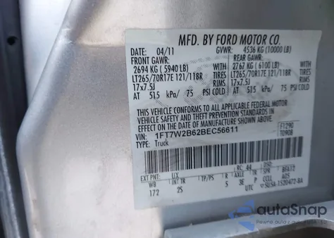 2011 Ford F-250 Xlt из США, поврежденный, VIN 1FT7W2B62BEC56611